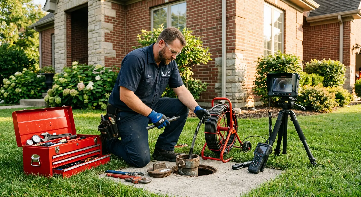 Sewer specialist with camera equipment servicing a cleanout in Lexington Park