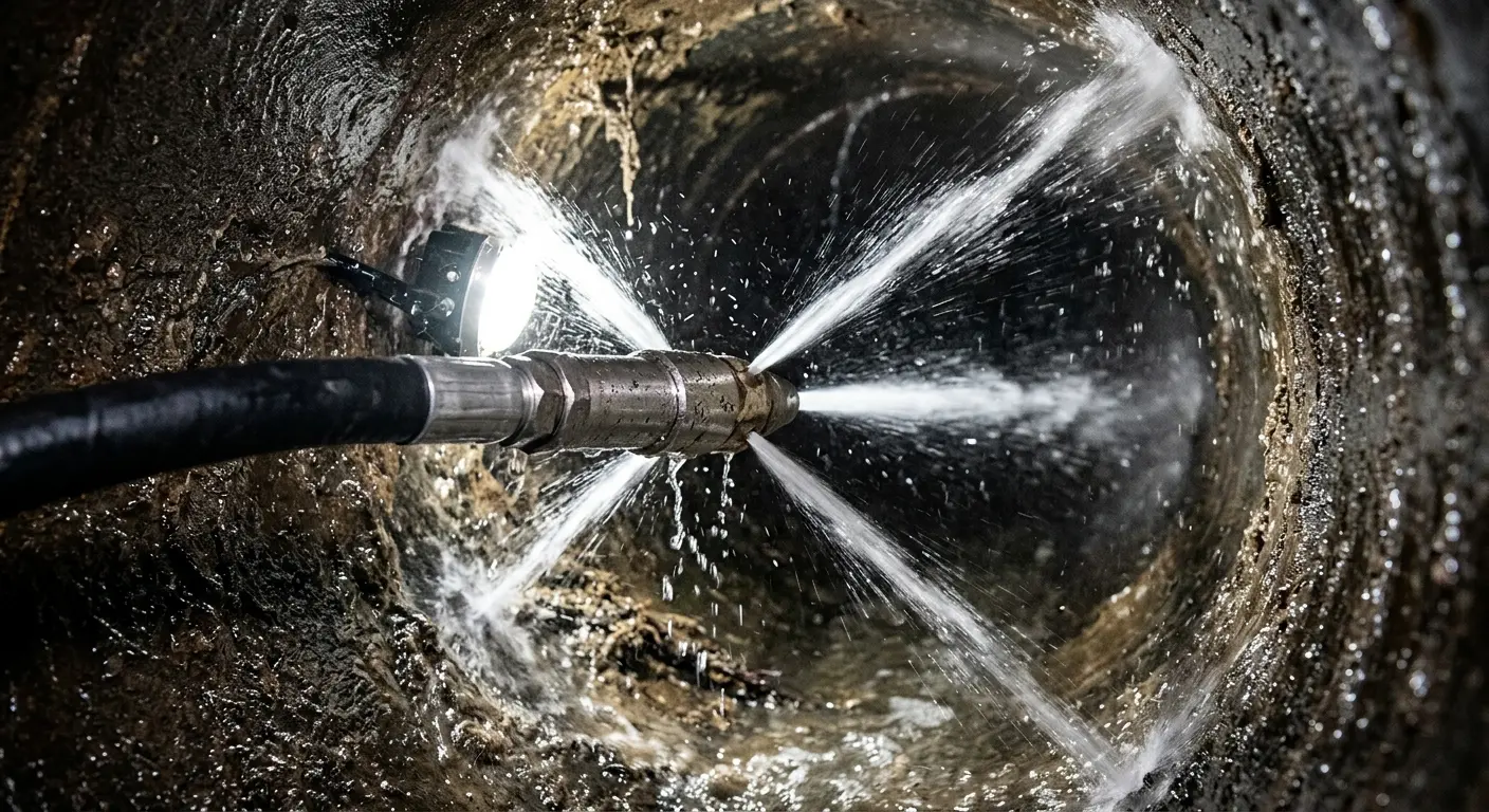High-pressure hydro jetting nozzle cleaning sewer pipe for Trenchless Sewer Repair in Lexington Park