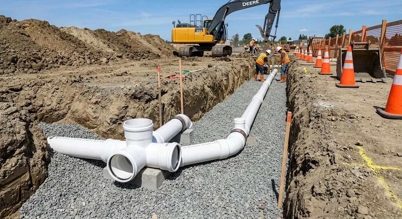 New PVC sewer pipe installation in open trench for Commercial Drain Cleaning in Lexington Park