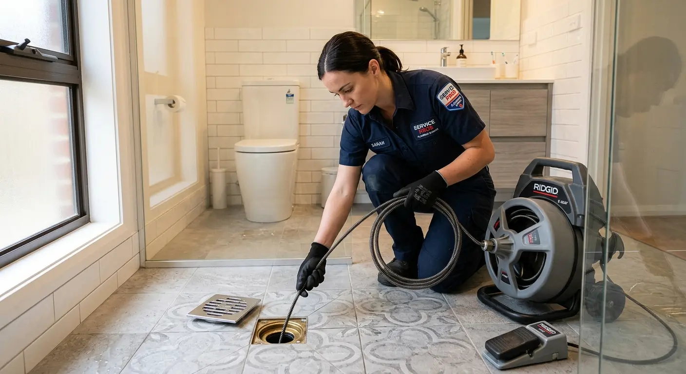 Technician clearing a bathroom floor drain for Drain Repair in Lexington Park